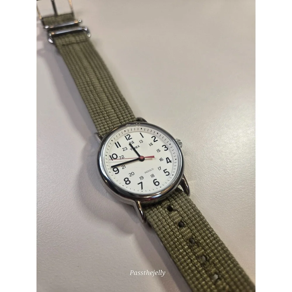 Timex Weekender T2N651 Watch Mens 38mm Olive Fabric Strap White Dial Quartz Date